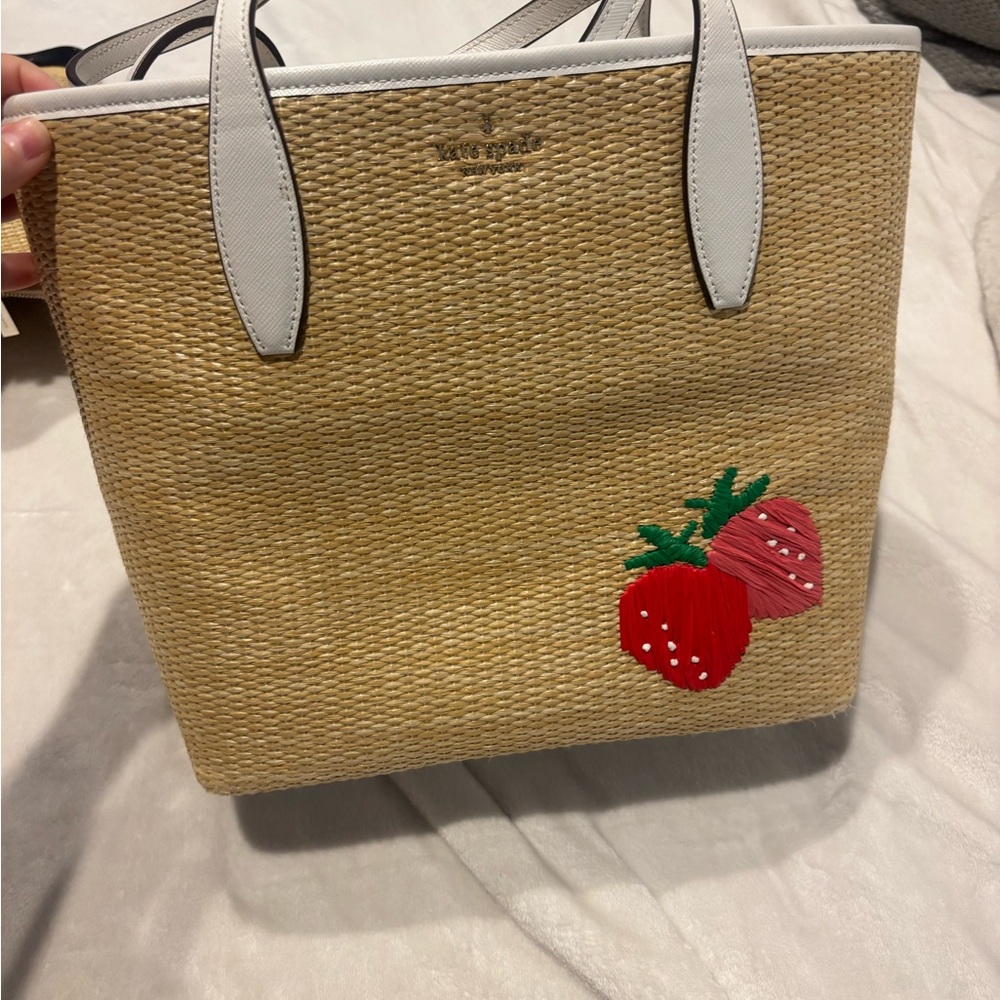 Kate Spade Tan Straw Tote with Strawberry Design